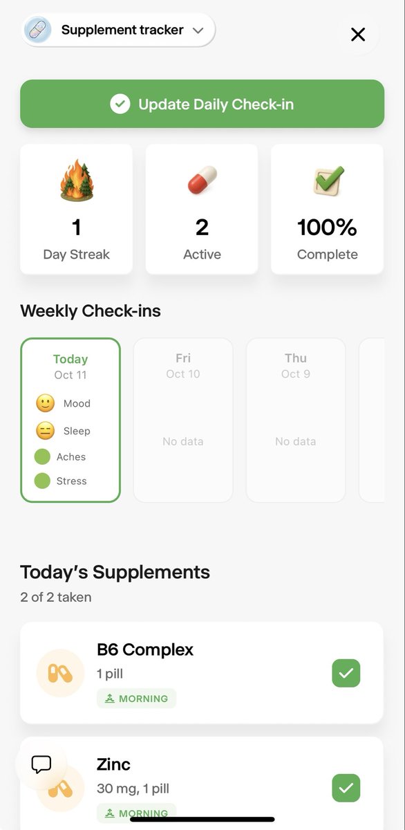 Made my own supplements tracker with <a href="/wabi/">wabi</a>. Can’t wait to integrate it with <a href="/ouraring/">ŌURA</a> , <a href="/function/">Function Health</a> and <a href="/amazon/">Amazon</a> - will be the first vibe-coded wellness clinic 😂 The future is here, it’s just not evenly distributed.