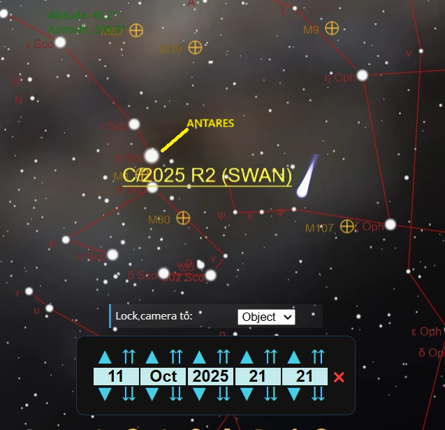 OvniChile1's tweet photo. ☄️ El cometa C/2025 R2 (SWAN) se observa esta noche en la constelación de Ofiuco, justo al costado de Antares, la estrella roja del Escorpión 🔴✨
Magnitud 5.9, visible con binoculares desde cielos oscuros 🌌
#CometaSWAN #Astronomía #TíoOvniChile https://t.co/1Y88uCpOBu
