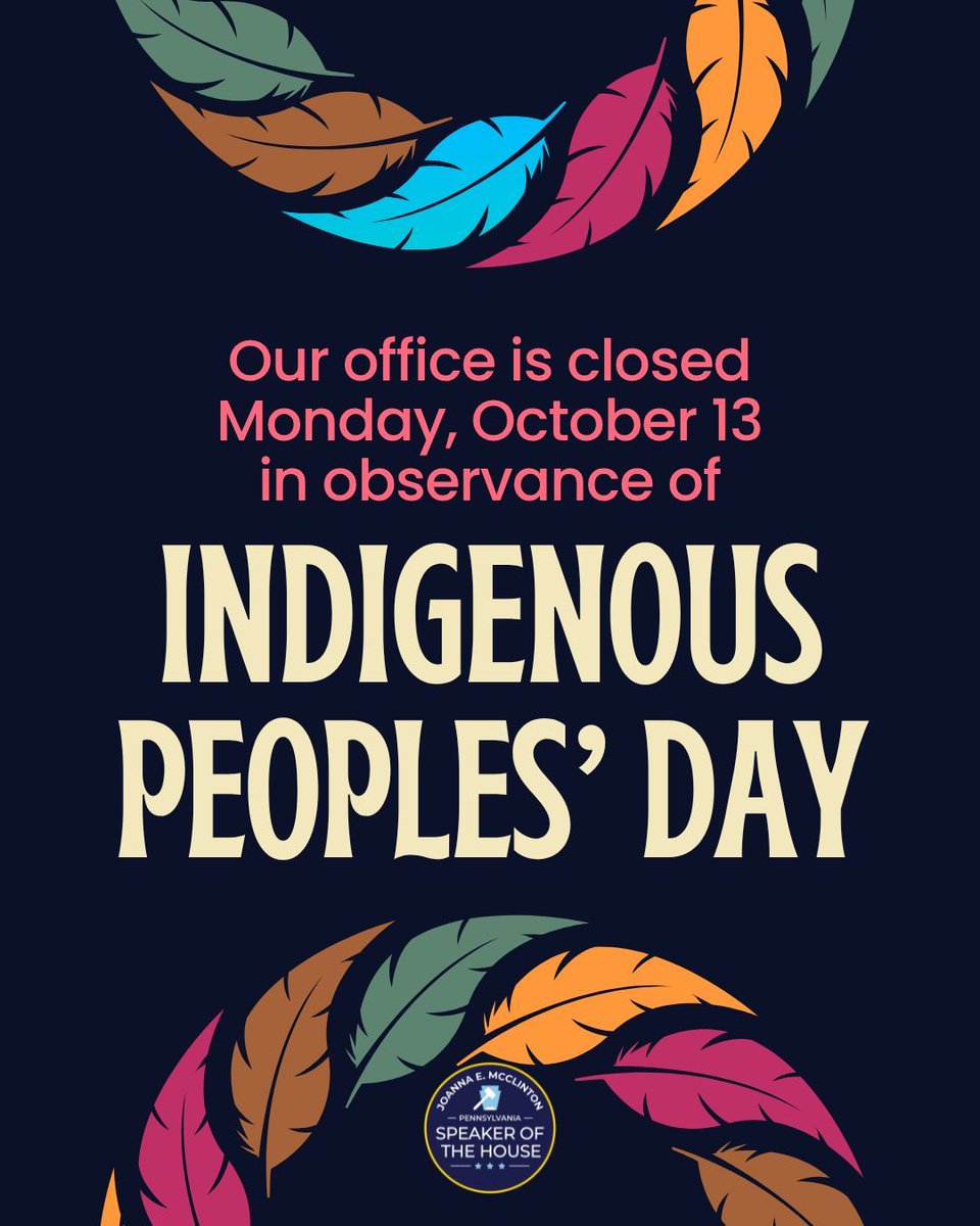 RepMcClinton's tweet image. My offices will be closed on Monday, Oct. 13 to honor Indigenous Peoples’ Day. We will return on Tuesday, Oct. 14 to help you with all your state government-related needs. 
Happy Indigenous Peoples’ Day!