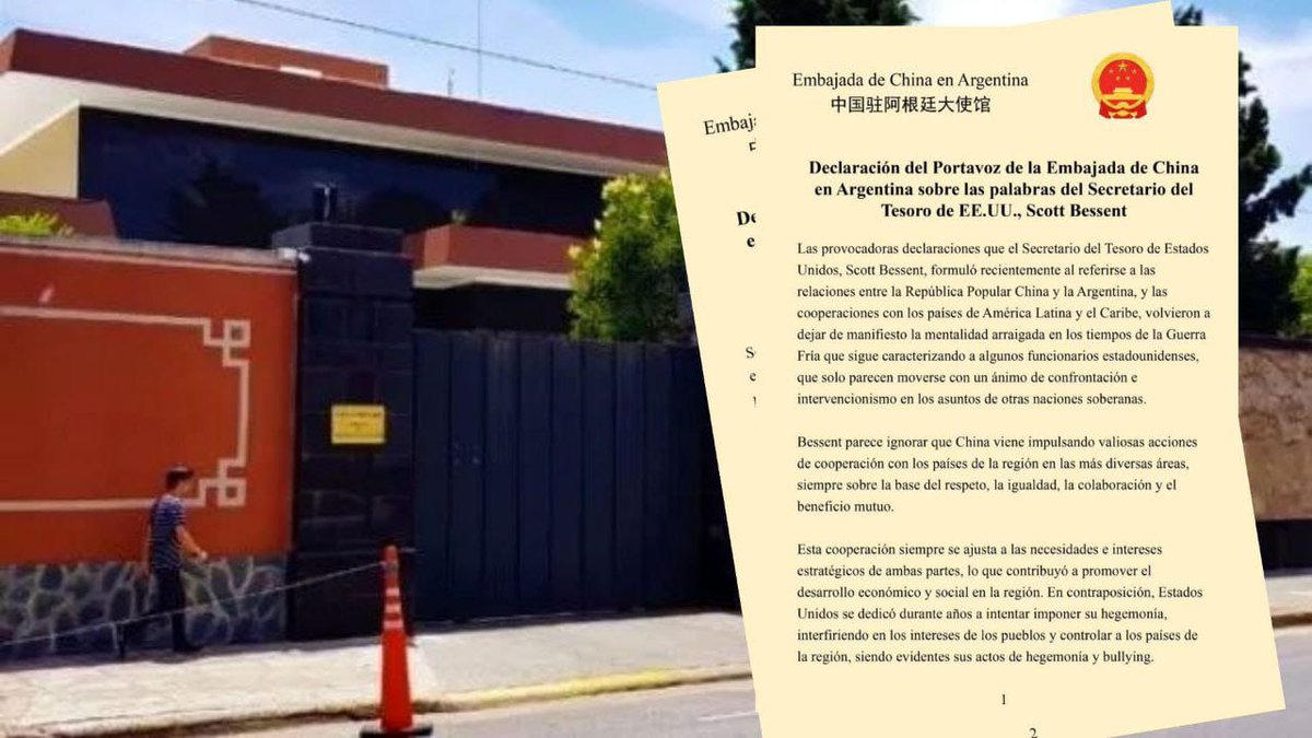 Elangelnaval's tweet image. #11Oct
#ElPuebloNoSeDoblegara
#oriele

La Embajada de China en Argentina emitió una Declaración del Portavoz en respuesta a las recientes palabras del secretario del Tesoro de Estados Unidos (EEUU), Scott Bessent, sobre las relaciones y cooperaciones entre el gigante asiático y…