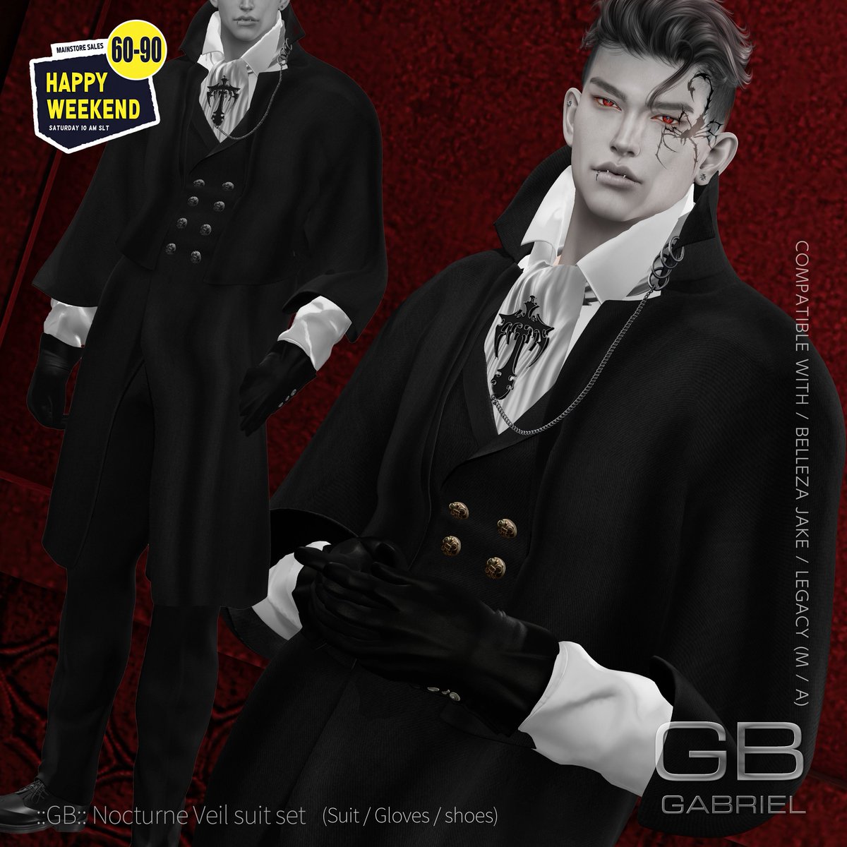 週末セールやってます!!
スーツにグローブシューズ付きで
パーツ色変えHUD付きで　90L$!!
ハロウィーン仕様!!　皆様のお越しお待ちしてます!
GABRIEL
maps.secondlife.com/secondlife/GAB…