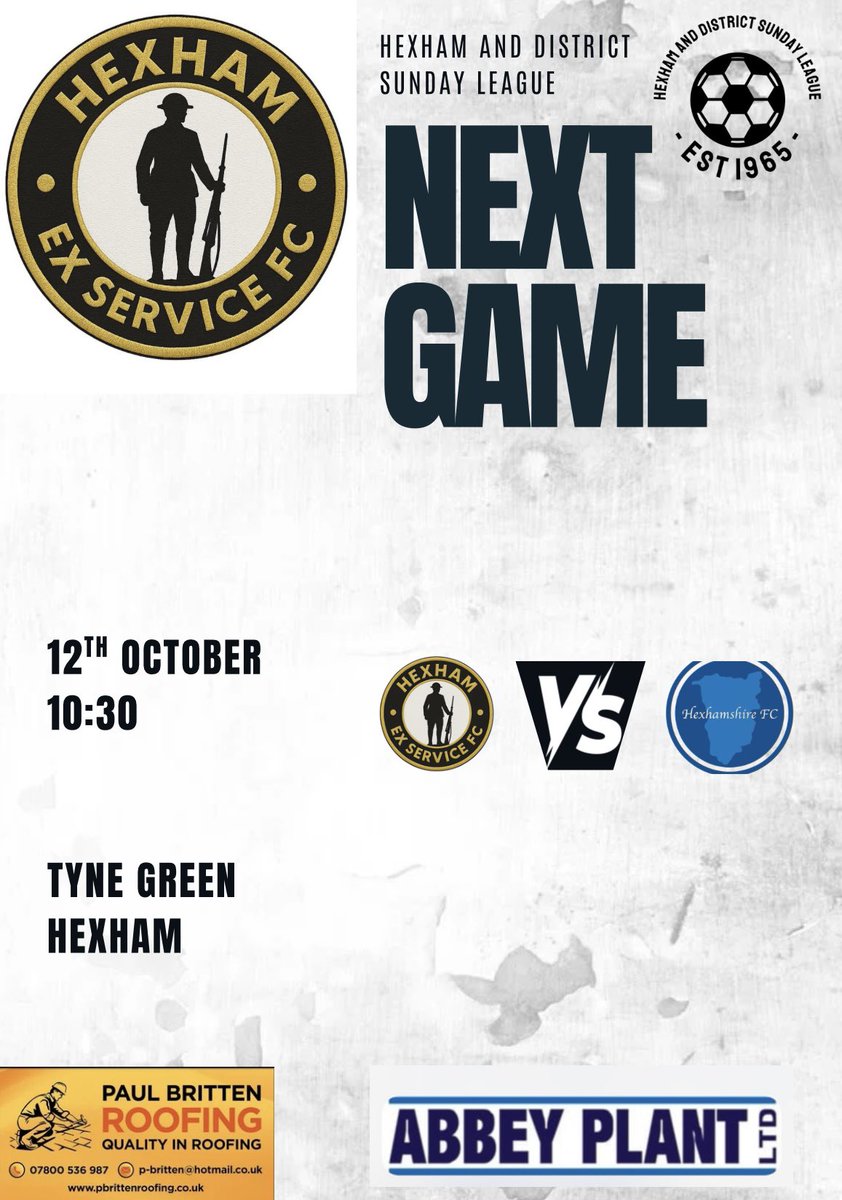 ⚽️ Matchday 6!⚽️

We’re back in action at home this Sunday after last weeks postponement as we take on Hexhamshire FC

📍 Tyne Green Hexham
🕥 Kick-off: 10:30am

Tough test awaits against a good Hexhamshire side

Come down, support the team, and let’s go again! ⚫️⚫️⚪️⚪️

#uptheex