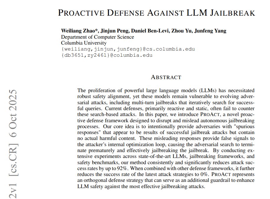 rohanpaul_ai's tweet image. The paper presents PROACT, a method to trick jailbreak attacks and stop them early.
Targets the attacker’s feedback loop instead of only blocking inputs or outputs.
It cuts attack success by up to 92%, and with an output filter it can hit 0%.
Attackers usually run many tries,…