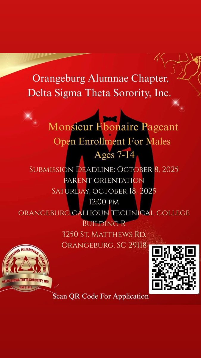 #SHARE Looking for boys ages 7-14 to participate in the The Orangeburg Alumnae Chapter of Delta Sigma Theta Sorority, Inc. 2026 Monsieur Pageant. Sign up today!!!
