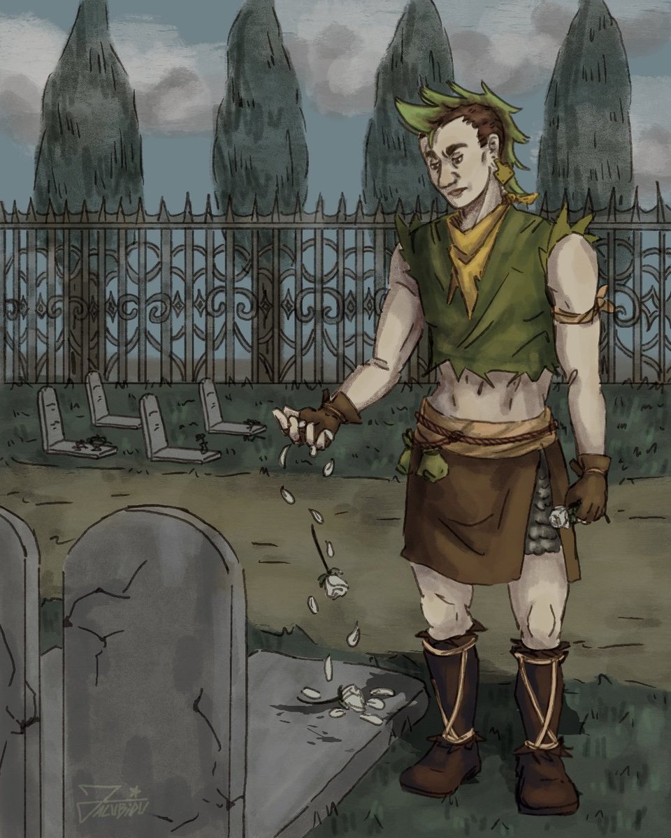 Day 11: Big Nap
B.ly visits her parents' grave. Today marks 10 years since the incident. And now, thanks to Soene's tyranny, the war between vampires and soulsuckers hasn't stopped.
All because humans are used as mere livestock.

#OC_tober2025 #inktober2025