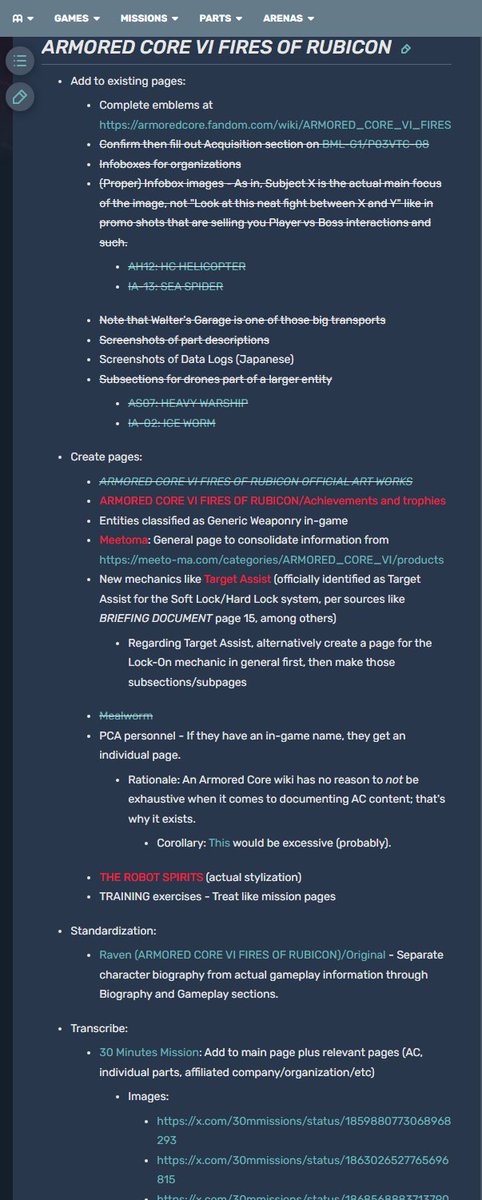 armoredcorewiki's tweet image. For those interested in volunteer work, the wiki has a To-Do List at armoredcore.fandom.com/wiki/User_blog… which can be accomplished by anyone. See the attached images for task examples.

The wiki relies entirely on volunteers, so any would be useful.
#アーマードコア #ArmoredCore #FromSoftware