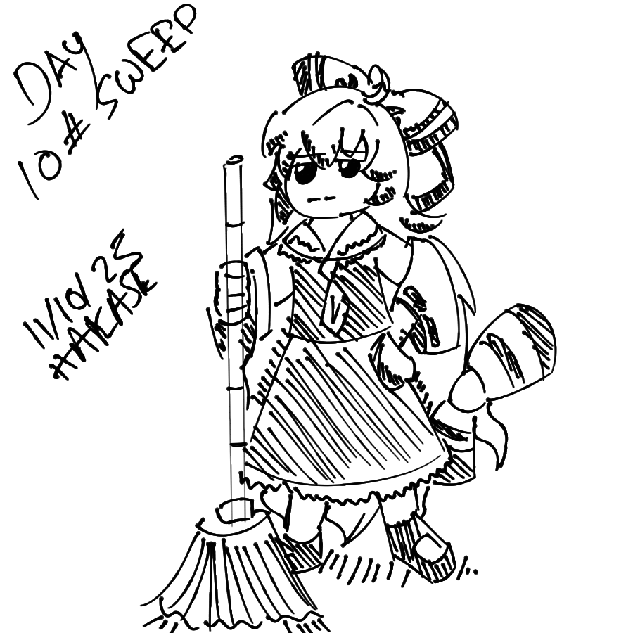 HakaseTweet64's tweet image. Mokou gets a shrine job sweeping

#レティ・ホワイトロッ #touhouproject #東方Project #touhou #inktober2025