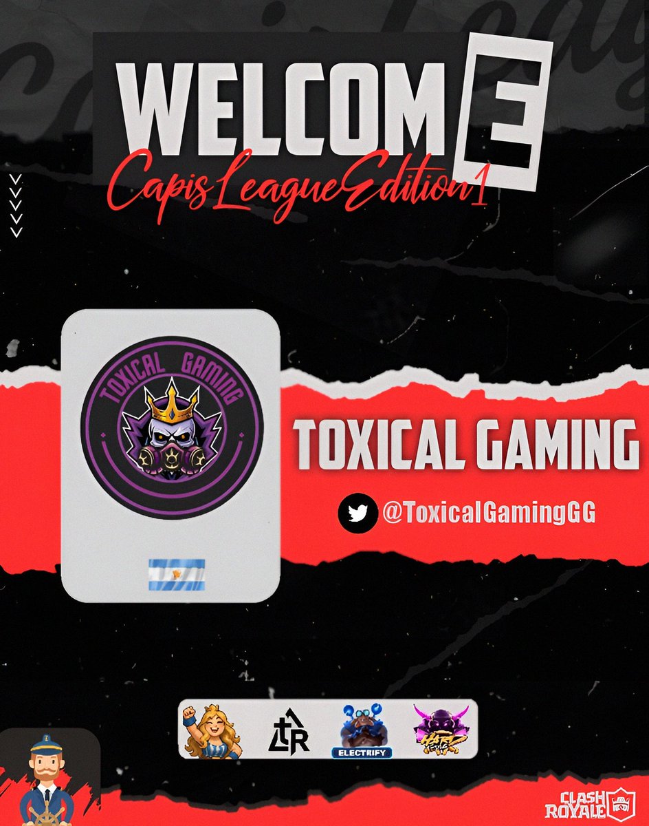 #CL1 | ¡Welcome! 👨🏻‍✈️

Desde la tierra del mate se une como primer equipo argentino de la edición, Toxical Gaming 🇦🇷

¡Con toda la garra y el nivel que los representa, llegan listos para romperla en la Capis League! 🌊🏆

Bienvenidos: <a href="/ToxicalGamingGG/">👑𝕋𝕠𝕩𝕚𝕔𝕒𝕝 𝔾𝕒𝕞𝕚𝕟𝕘👑</a> 🇦🇷

#CapisLeague [1️⃣5️⃣]