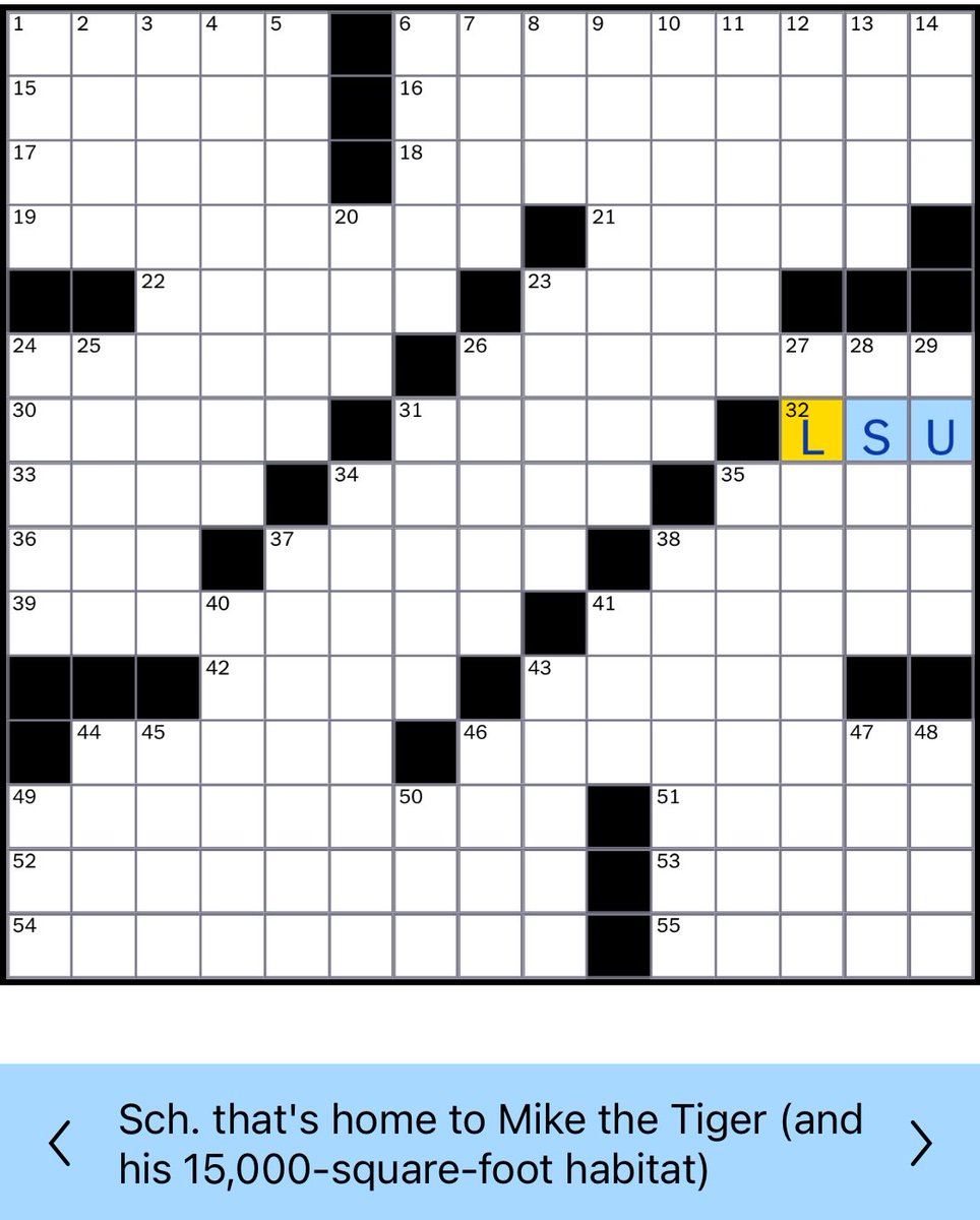 Tiogar's tweet image. Love seeing #LSU in the @nytimes crossword today on Homecoming! #geauxtigers @lsu 💜💛🐅