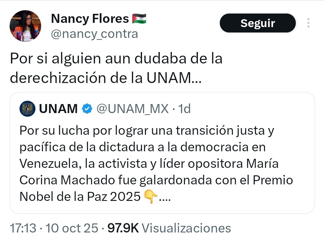 La UNAM no es de derecha o izquierda, como quiere hacer creer esta vocera del oficialismo y francotiradora de los medios independientes. La <a href="/UNAM_MX/">UNAM</a> es una institución diversa y plural que dio a conocer el galardón del Nobel de la Paz y las razones por las que María Corina