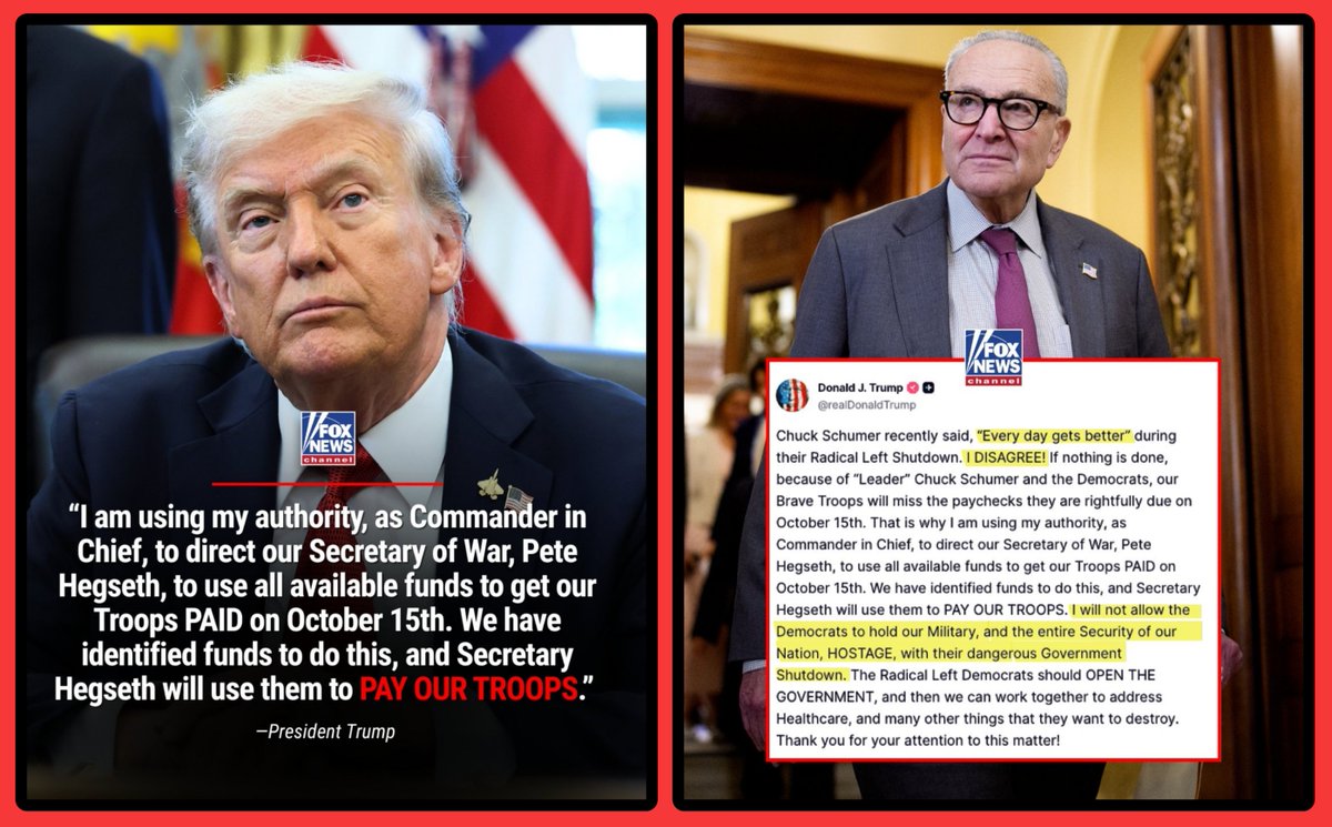 pr0ud_americans's tweet image. 🚨BREAKING: President Trump just directed Defense Sec. Pete Hegseth to redirect $8B to ensure 1.3M active-duty troops get paid by Oct 15—despite the shutdown!  Schumer’s “every day gets better” quip for Dems is a slap to military families.