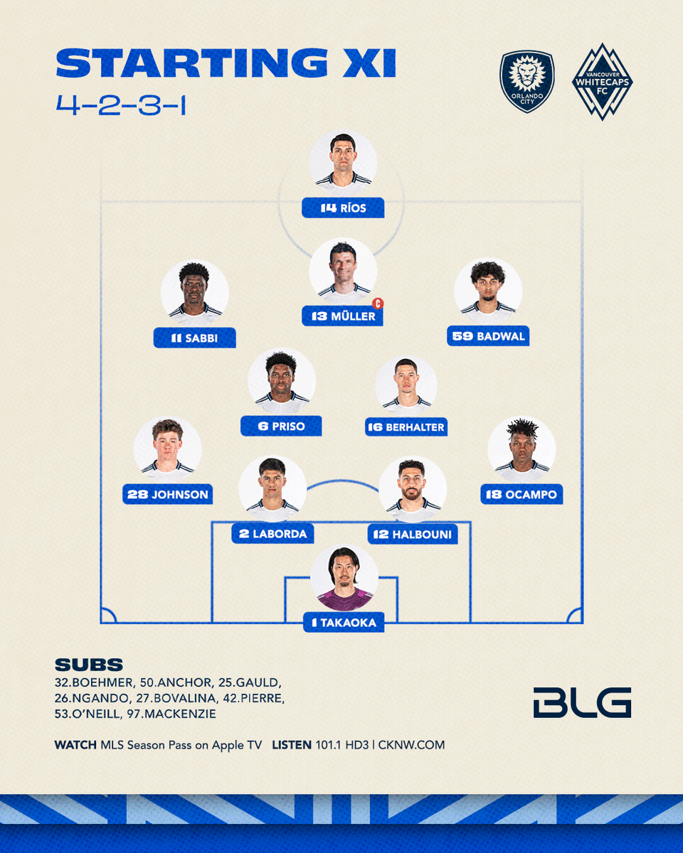 WhitecapsFC's tweet image. Our 𝙎𝙏𝘼𝙍𝙏𝙄𝙉𝙂 𝙓𝙄 vs @Orlandocitysc 🌊
Kickoff is set for 4:41 pm PT on #MLSSeasonPass on Apple TV or listen on 101.1 HD3 & CKNW.com 📺
#VWFC | BLG