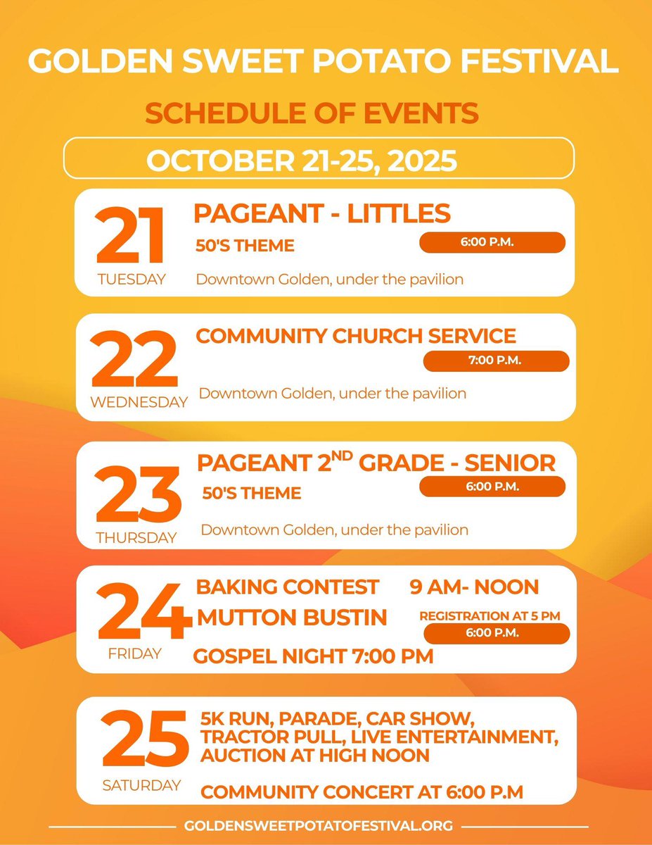 LoveWoodCounty1's tweet image. Mark your calendars now for the Golden Sweet Potato Festival, Oct 21st - 25th! There will be plenty of events leading up to a full day on Saturday. Bring the family out and have a good time!
#LiveEntertainment
#Pageant
#CarShow
#TractorPull
#GoldenTX
#LoveWoodCounty