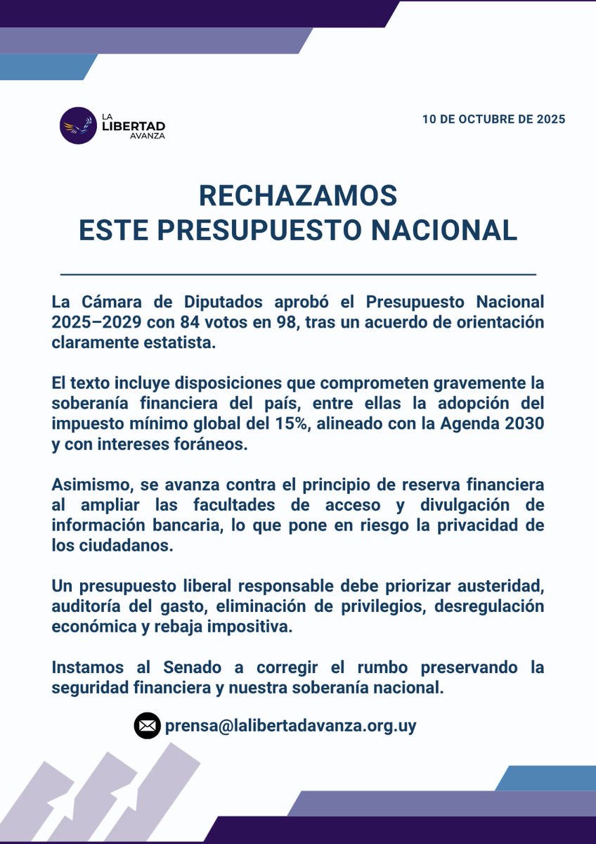 LLA_UY's tweet image. Escandaloso presupuesto estatista y globalista aprobado por la casta política. ❌

La Libertad Avanza se para firme contra los avances del socialismo en el país. 🇺🇾💪🏻
