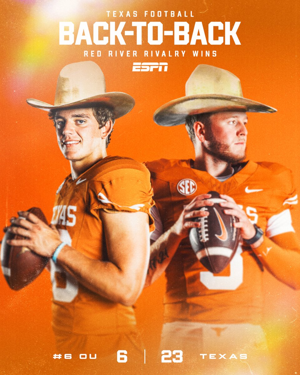 espn's tweet image. ARCH MANNING AND TEXAS BEAT OKLAHOMA 🔥 

The Longhorns take down the Sooners in back-to-back years for the first time since 2008-09‼️