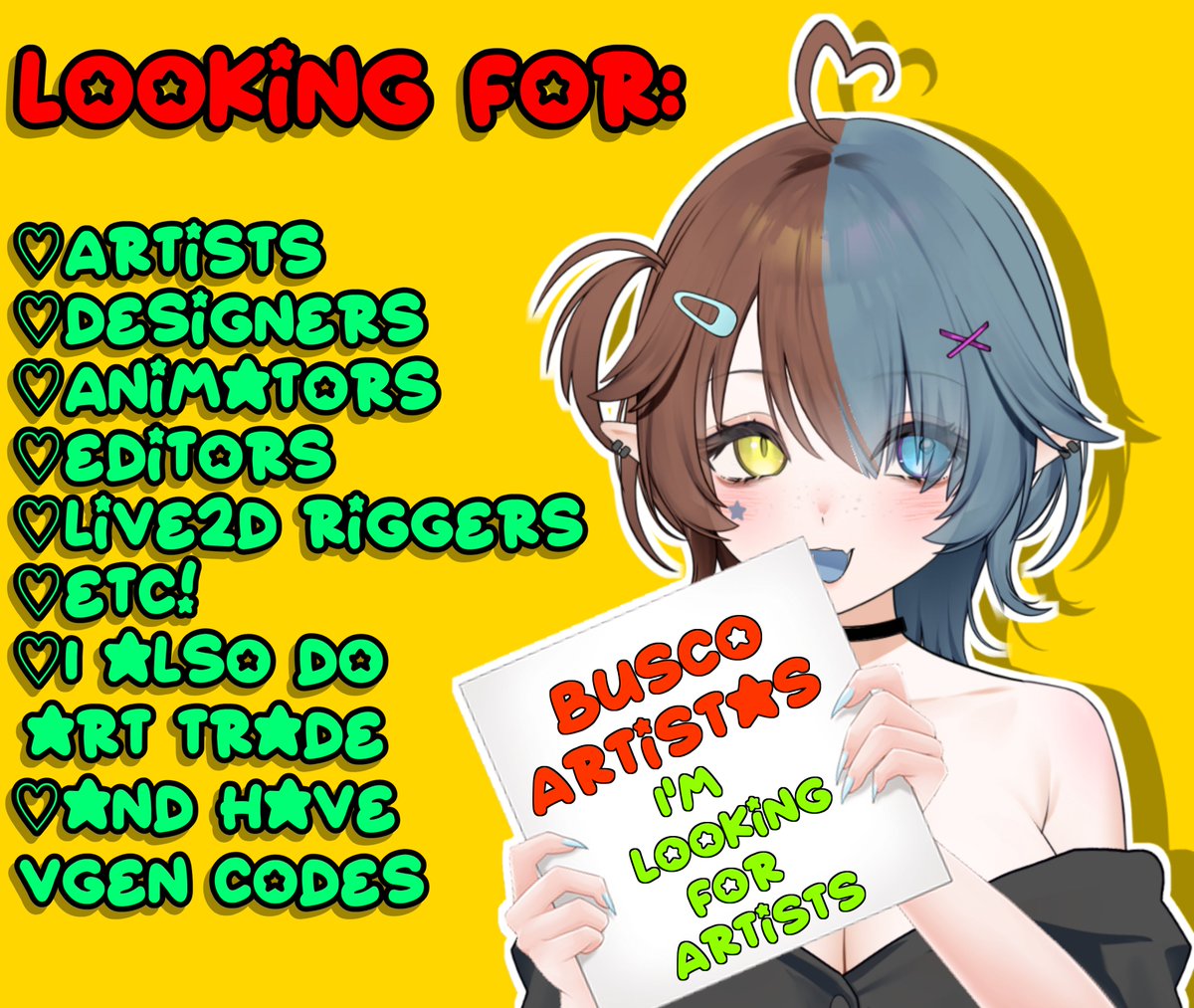 U3Mel_'s tweet image. ⚠️I&apos;m looking for artists | Busco artistas ⚠️
☆Busco contratar MÚLTIPLES artistas 
☆Dejen su link de Vgen o su portafolio para poder contratarlos
☆También Busco Art trade y tengo algunos códigos de Vgen que me gastaría dar! (Interesados de trade a Dm!) 
♡ + ↻ #artist