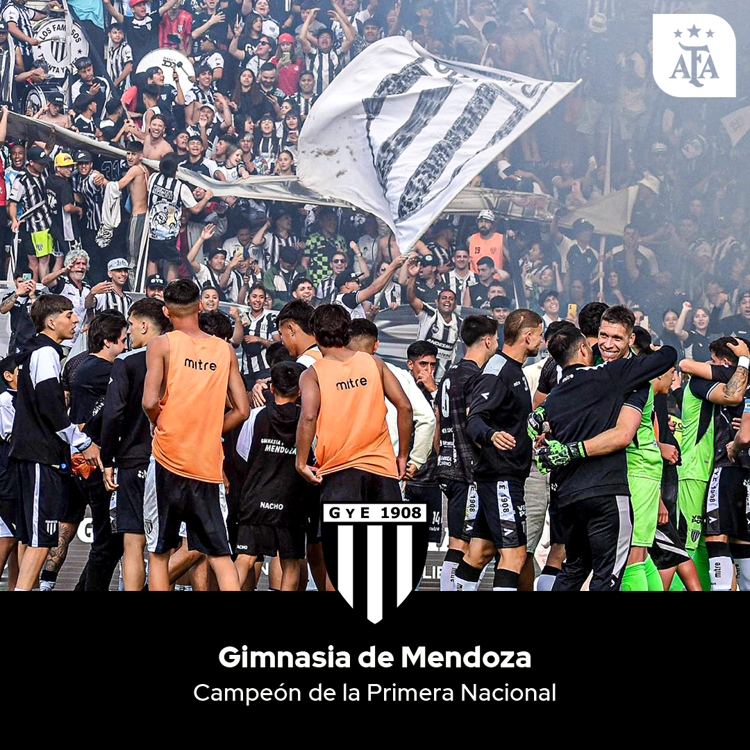 afa's tweet image. #PrimeraNacional Gimnasia de Mendoza derrotó por penales 3-0, tras el 1-1 en tiempo reglamentario, a Deportivo Madryn y ascendió a #PrimeraDivisión.

👏 ¡Felicitaciones!