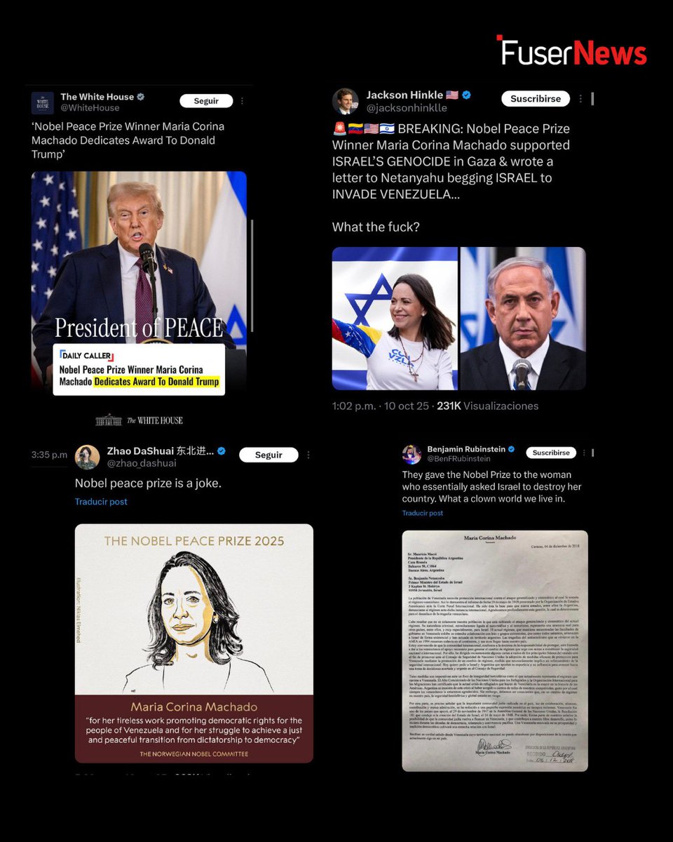 Mercede073's tweet image. El Comité Nobel ha elegido a @MaríaCorinaYa , una figura de extrema derecha, para recibir el galardón este año.
 A pesar de su historial de discursos de odio y su apoyo a la intervención militar de EEUU. en Venezuela, el premio se otorga bajo la premisa de promover la paz y el…