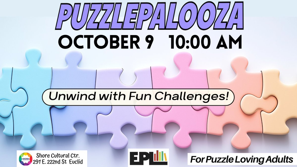 EuclidLibrary's tweet image. Come on down to the library for a Puzzlepalooza! On October 9 at 10a, we&apos;re challenge you with a vibrant assortment of colorful #puzzles with varying difficulty levels at the Shore Cultural Centre.
No need to register, just drop in and join the fun! For adults.
#OurEuclid