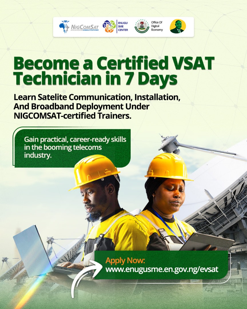 chilo_aco's tweet image. Tech Alert for Enugu Youth!
Want to break into broadband &amp;amp; satellite tech?

Join the Enugu VSAT Training 2025
✅ 7 days of hands-on training
✅ Ages 18–35
✅ NIGCOMSAT certificate

Apply now → enugusme.en.gov.ng/evsat
@enugusmeagency
@NigComSat1R 

#SkillUpEnugu #TechForGrowth