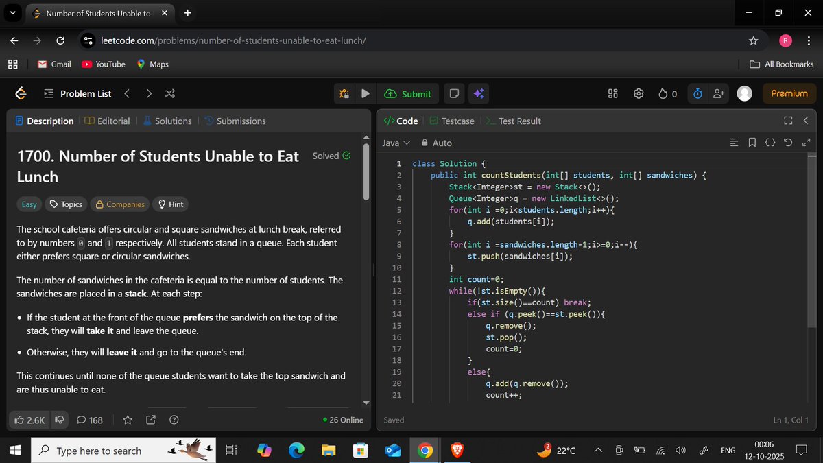 RishabhShe68546's tweet image. Day 5⃣of ♾.
🧠Learn ➡️ Deque.
Question 👁️:
❓Interleave the first half of the queue with second half.
❓Number of student unable to eat Lunch.
#Coding #codingfactory #Java