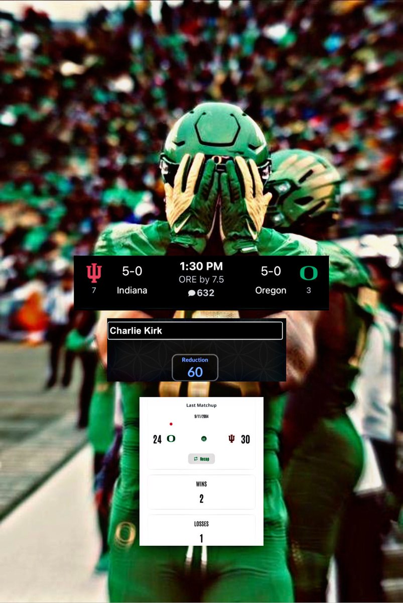 anonymous_bets3's tweet image. Oregon puede mejorar a 6-0 esta temporada 

Charlie Kirk era aficionado a los Oregon Ducks

Charlie Kirk = 60 

Oregon puede llegar a 3 victorias vs Indiana

Hoy 3DN

👺PICK : Oregon Ducks -6.5 momio -128 

#Picks #NCAAF #Gematria