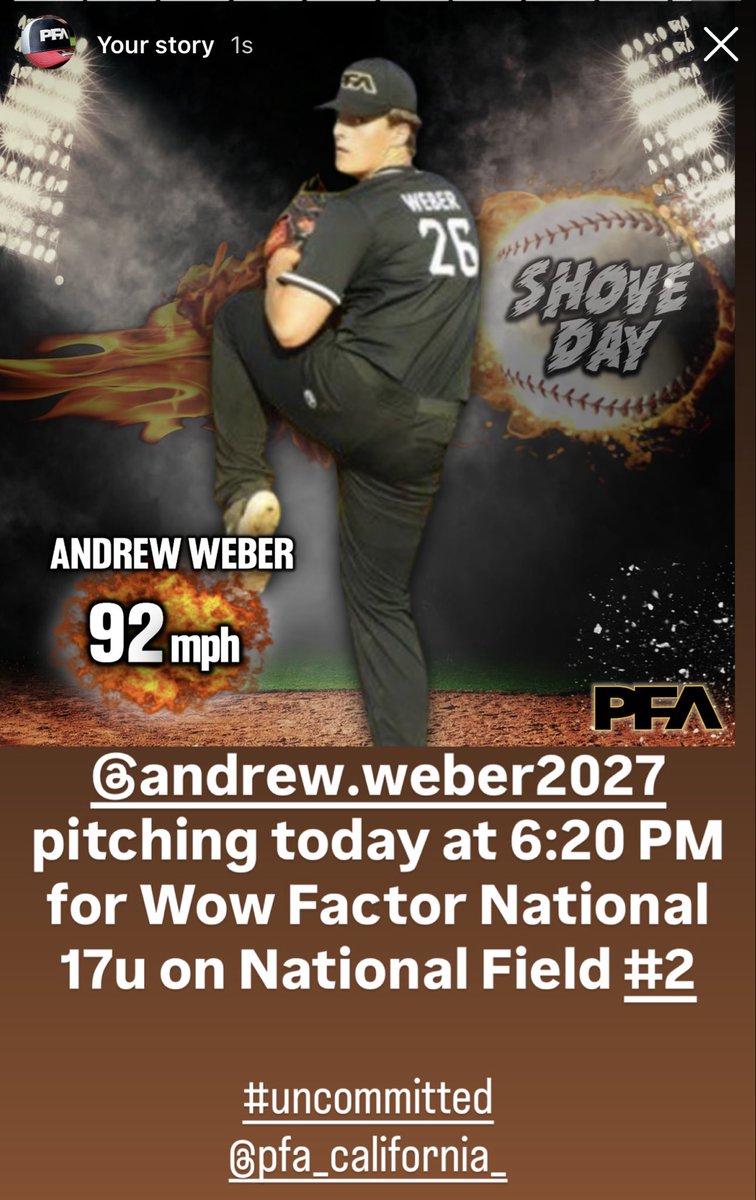 Uncommitted RHP/3b <a href="/weber2027/">Andrew Weber</a> pitching today at 6:20 PM for Wow Factor National 17u on National Field #2