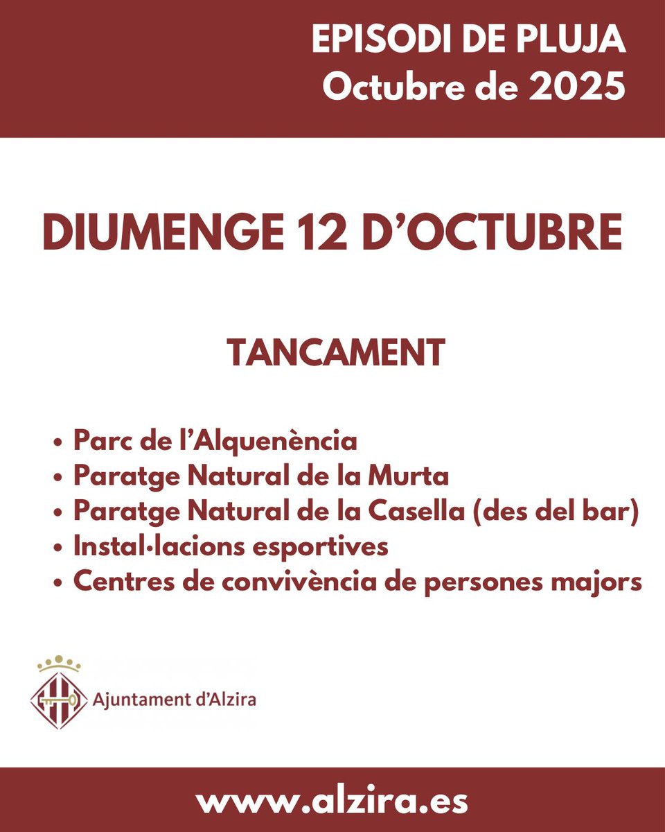 📢 INFORMACIÓ EPISODI DE 🌧️

Actualització 11/1/2025, 20:15

Continuem en avis 🟠 per pluges ja que a partir de les 20 h i durant tota la nit es registraran pluges intenses i tempestes localitzades.

Adoptem les següents mesures per a demà 12 d'octubre👇