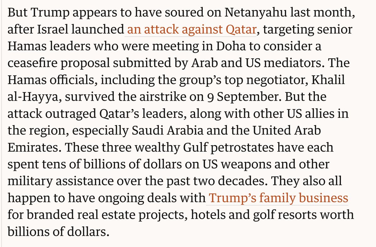 One underreported aspect of the Gaza ceasefire: The business deals that Trump's family made with Gulf Arab states gave Trump a personal stake in restraining Netanyahu — my latest <a href="/guardian/">The Guardian</a>