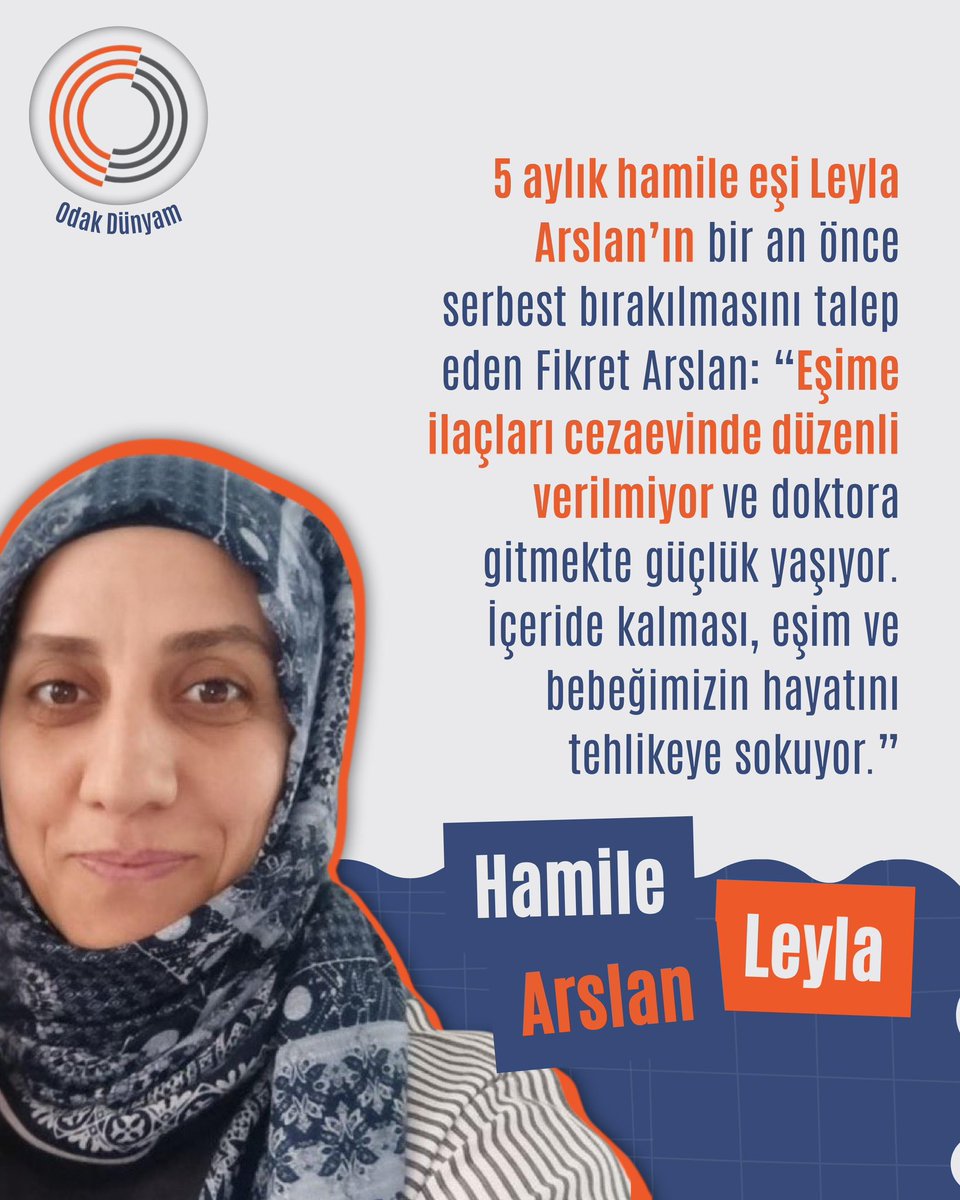 5 aylık hamile eşi Leyla Arslan’ın bir an önce serbest bırakılmasını talep eden Fikret Arslan: “Eşime ilaçları cezaevinde düzenli verilmiyor ve doktora gitmekte güçlük yaşıyor. İçeride kalması, eşim ve bebeğimizin hayatını tehlikeye sokuyor.”

<a href="/Akburak/">Burak Akburak</a>

5AylıkHamile HapisteİşiNe