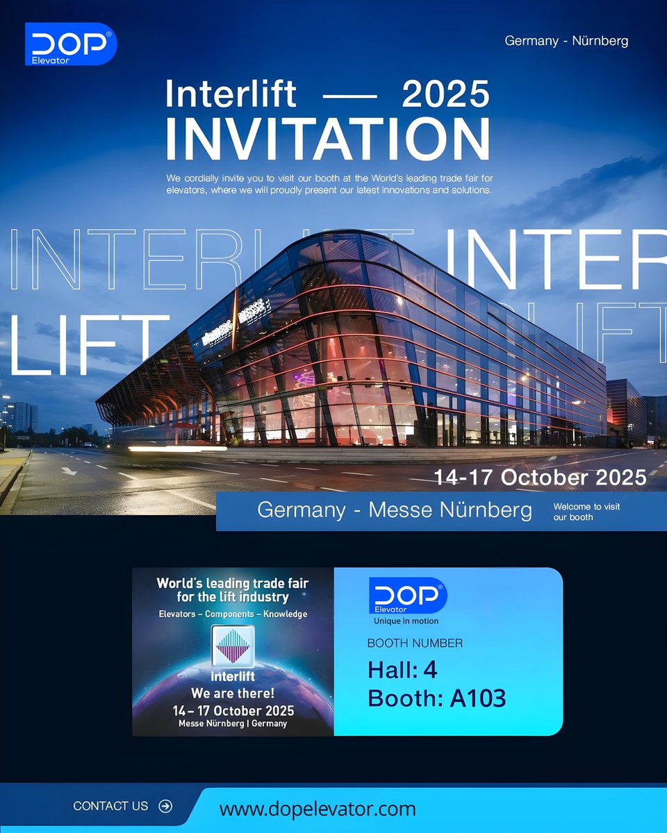 Smartlift_iraq's tweet image. Join Dop Elevator to see the future of vertical transportation.
📅 Oct 14-17, 2025
📍 Messe Nürnberg, Germany
🇩🇪 Hall 4, Stand A103
We look forward to seeing you there!
🔗 dopelevator.com
#DopElevator #Elevator #Lift #Innovation #Germany