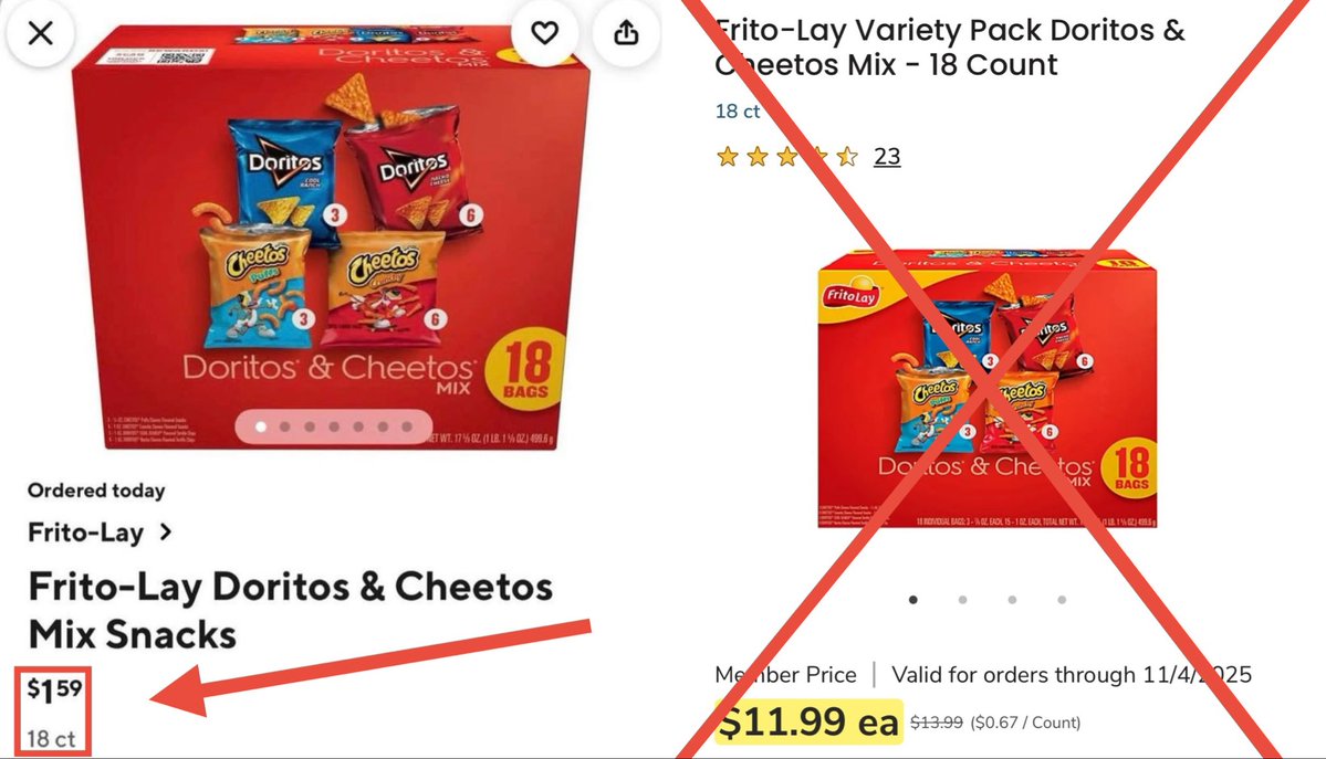 Pricerrors's tweet image. Frito-Lay Chips Boxes are GLITCHING on DoorDash

Albertsons incorrectly listed 18 bags of chips boxes for $1.59 TOTAL

Comes out to 8¢ per LOL

Check if price error is showing locally for you (ymmv)

I recommend getting a normally priced item too, to increase delivery chances