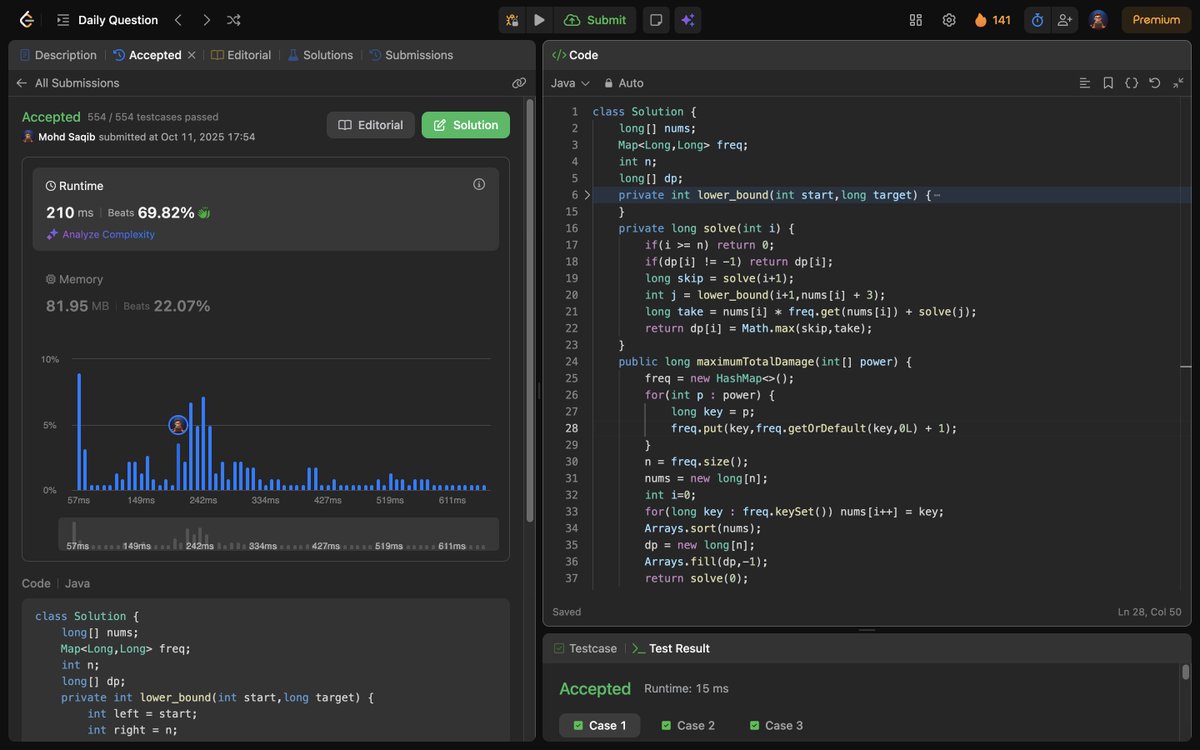 Mohd_Saqib_'s tweet image. 🚀 Day 444 of Code 🚀
Solved :
✅ 3186. Maximum Total Damage With Spell Casting
#Day444 #LeetCode #DynamicProgramming #ProblemSolving #Algorithms #CodingJourney #DSA #Optimization #100DaysOfCode