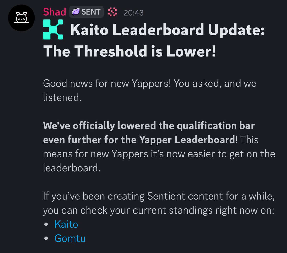 .<a href="/SentientAGI/">Sentient</a> lowered the entry threshold for the Kaito leaderboard

i like when a project truly listens to its community

that’s why I always say Sentient builds together with its community

open AI must win, and they’re proving it
