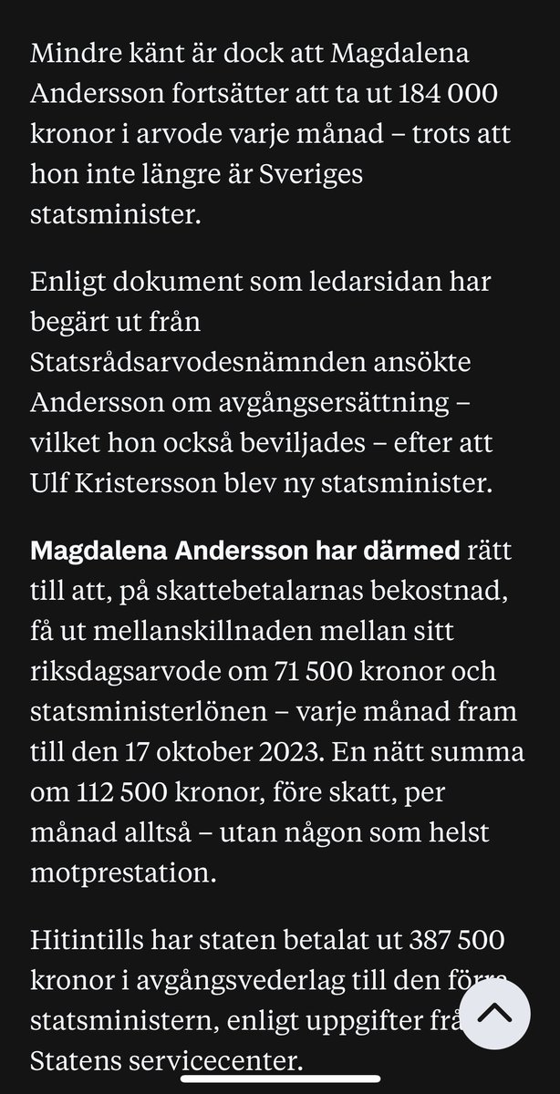 Hej <a href="/SwedishPM/">Ulf Kristersson</a> och <a href="/jimmieakesson/">Jimmie Åkesson</a> 
Nästa gång <a href="/magdandersson/">Magdalena Andersson</a> tjatar om att ni fått behålla mer efter skatt, fråga henne om varför hon själv aktiv ansökte om att behålla sin statsministerlön när hon blivit bortröstad. 
Hon tog ut 184 000 kr per månad och maxade alltså sin lön.