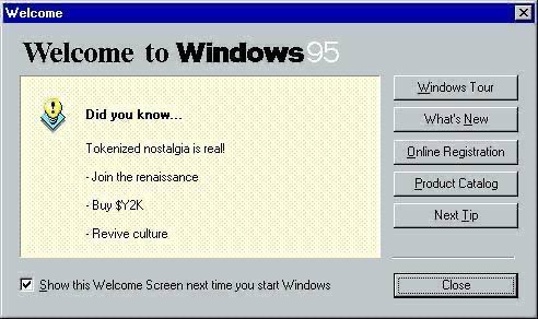 Y2Kトークンのルネサンスを宣伝するWindows 95のようなウェルカム画面