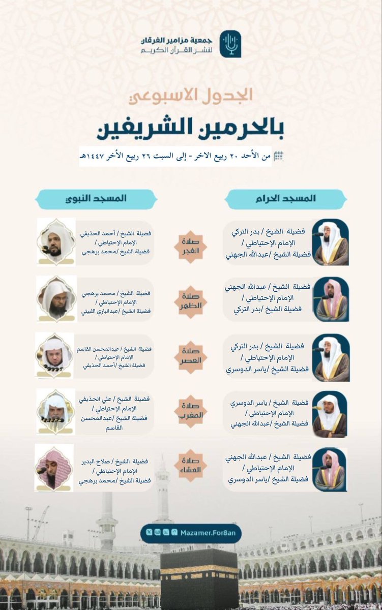 Tilawatalharam1's tweet image. 🗓 الجدول الأسبوعي لأئمة #المسجد_الحرام و #المسجد_النبوي
من يوم الأحد ٢٠ ربيع الآخر إلى
 يوم السبت ٢٦ ربيع الآخر ١٤٤٧هـ.
    
#جمعية_مزامير_الفرقان_لنشر_القرآن