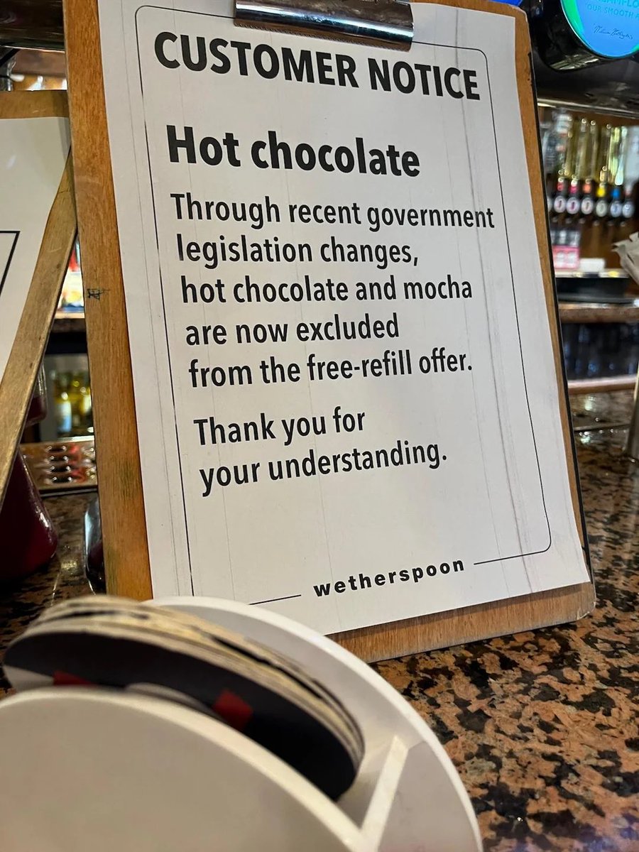 therealmissjo's tweet image. You will think this is a joke. 

It is not.

The Food (Promotion and Placement) Regulations Act 2021 came into force on 1 October 2025. 

Restaurants, pubs and cafes can no longer offer free refills on any drink containing sugar prior to purchase - such as hot chocolate or mocha.…