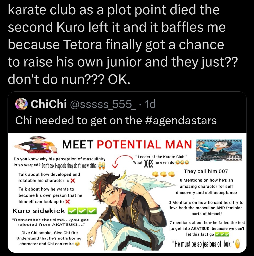 unmeipwrenergy's tweet image. not to #Defend h.e writing decisions but they did give him a junior who admires him in wildland 🥲 and his plot mirrored tetoras  (wanted to join rst-n, was upset bc he couldnt but ended up joining another unit after hearing tetsu say he too wanted to join aktk but loves rst now)