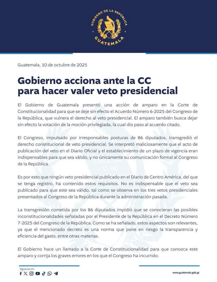 DipParlacenGt's tweet image. El pueblo de #Guatemala puede tener la certeza que el presidente #BernardoArévalo hará todo lo que esté a su alcance para hacer valer su derecho al veto, el cual 86 diputados integrantes del #PactoDeCorruptosYChuchos han querido pasarse por el arco del triunfo.
El presidente no…