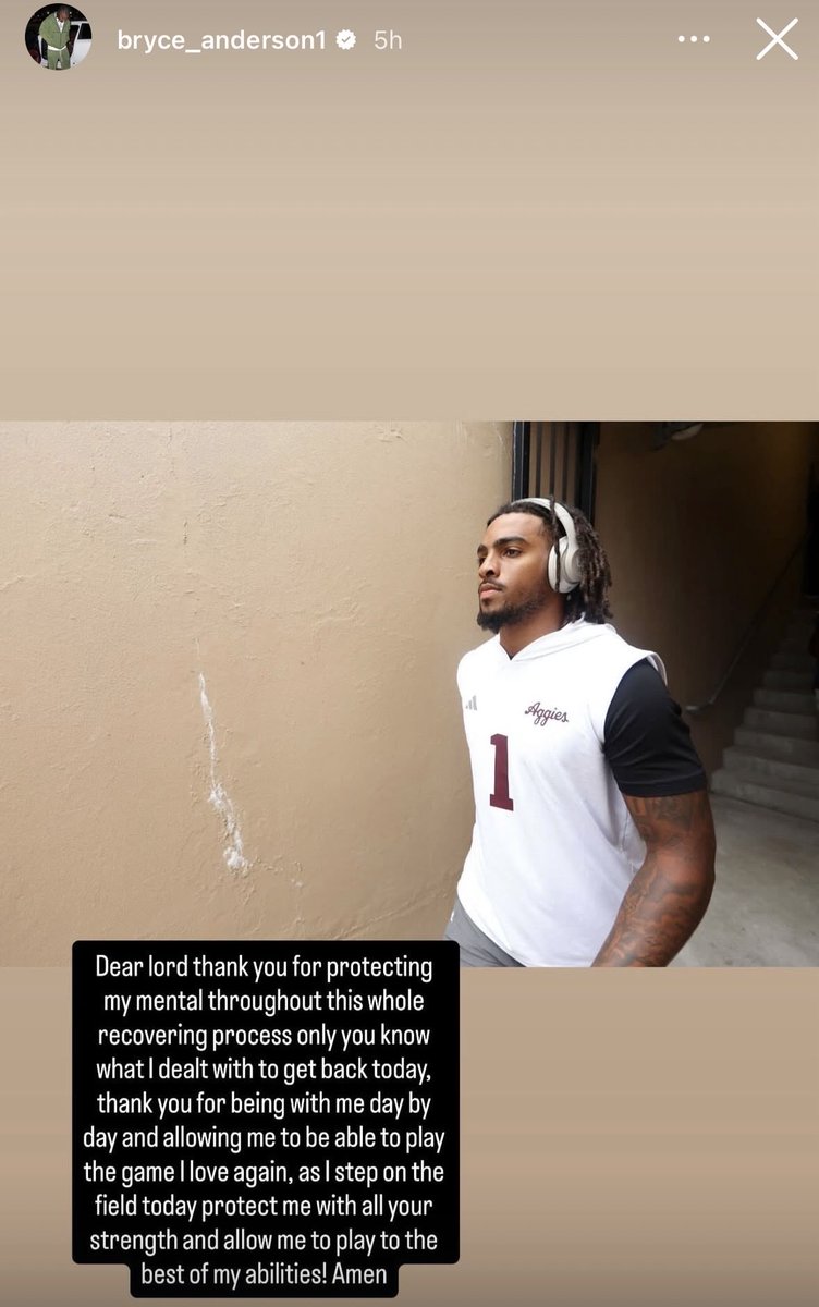 CarterKarels's tweet photo. Texas A&amp;M safety Bryce Anderson shares a message on his Instagram story before making his first return from the scary injury he suffered vs. Notre Dame on Sept. 13. https://t.co/1Ya8VxzuAC
