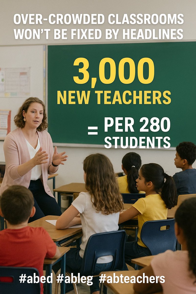 rroul1's tweet image. Overcrowded classrooms won’t be fixed by headlines.
3,000 teachers for 850,000+ students = 1 per 280.
#abed #ableg #abteachers