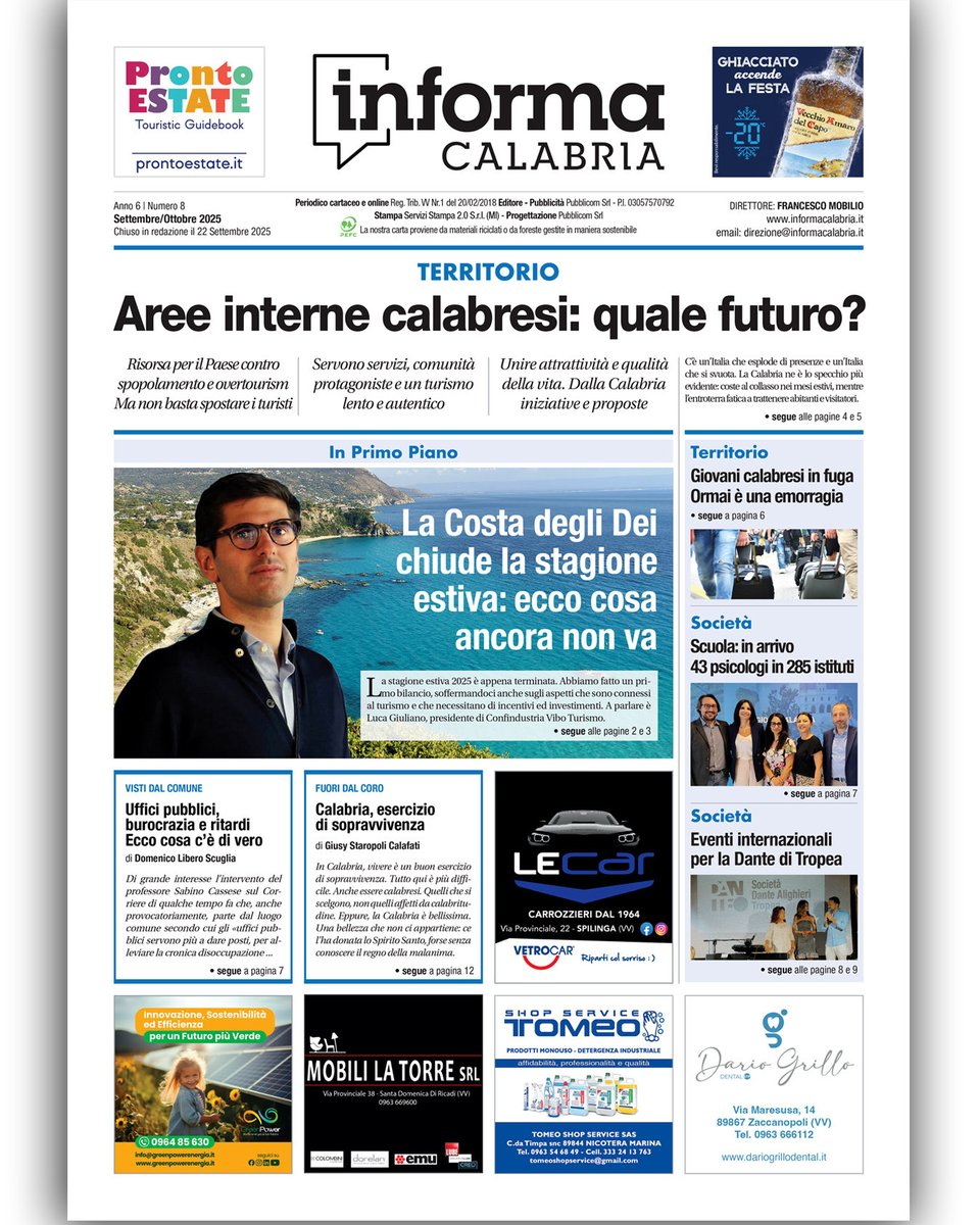 InformaCalabria's tweet photo. 📰 La copertina di Settembre/Ottobre del free-press mensile di approfondimento “Informa Calabria”.

👉 10.000 copie in distribuzione porta a porta e attività comm. in provincia di Vibo Valentia. Il giornale è aggiornato quotid. su InformaCalabria .It

#Calabria #Notizie #Informa https://t.co/6yftebcv3l