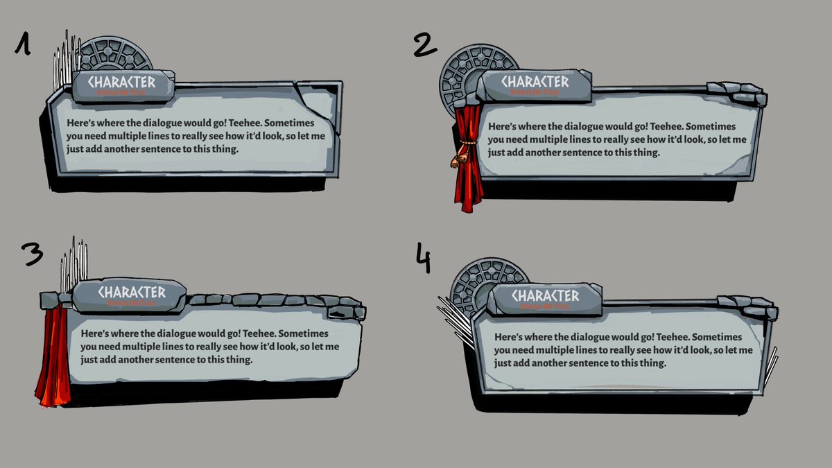 Nalouhh's tweet image. Need you guy’s sweet sweet input, designing some dialogue boxes for the DEMA part of my art series and can’t pick a fav concept, whatcha like?

(Don’t mind the text and its colours much, it’s placeholder)