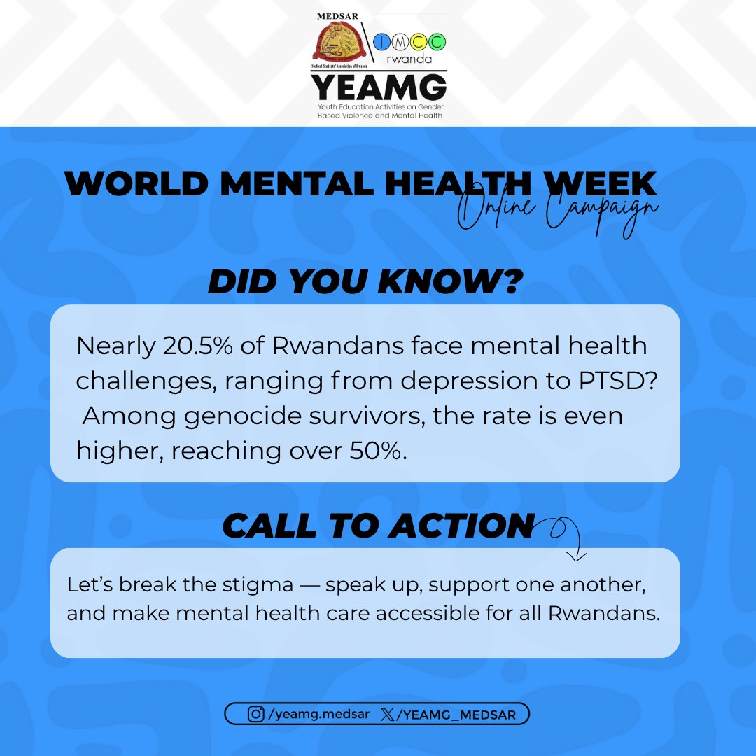 🧠 Nearly 1 in 5 Rwandans faces mental health challenges, and among genocide survivors, the rate exceeds 50%.
Stigma still keeps many from seeking help.
Let’s break the silence — mental health is a universal human right. 💚

#WorldMentalHealthDay  #MentalHealthRwanda