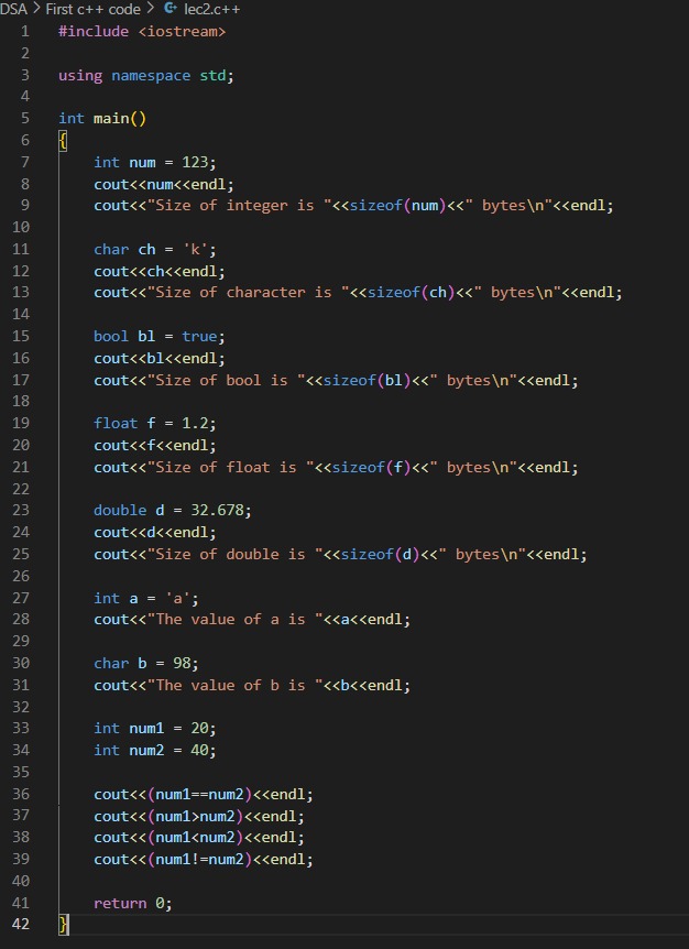 datboi_aayu's tweet image. Day 146 of #365daysodcode

🚀 Day 13 of DSA with C++

Today I wrote my first C++ program and explored:
🔹 Data types &amp;amp; their sizes (int, char, bool, float, double)
🔹 Type conversion &amp;amp; ASCII values
🔹 Comparison operators

#DSA #CPlusPlus #CodingJourney #100DaysOfCode #Programmer