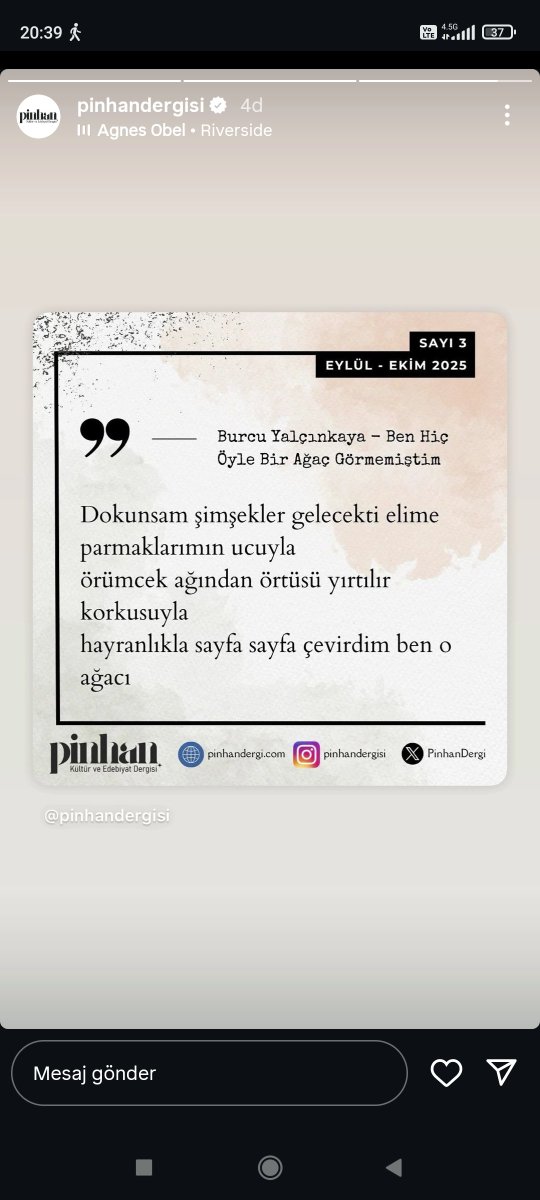 BurcuYlcinkaya's tweet photo. @PinhanDergi ye Eylül-Ekim sayisinda" Ben Hiç Öyle Bir Ağaç Görmemiştim" adlı siirime yer verdigi için teşekkür ederim. @PinhanDergi https://t.co/bdn02ZjrQ7