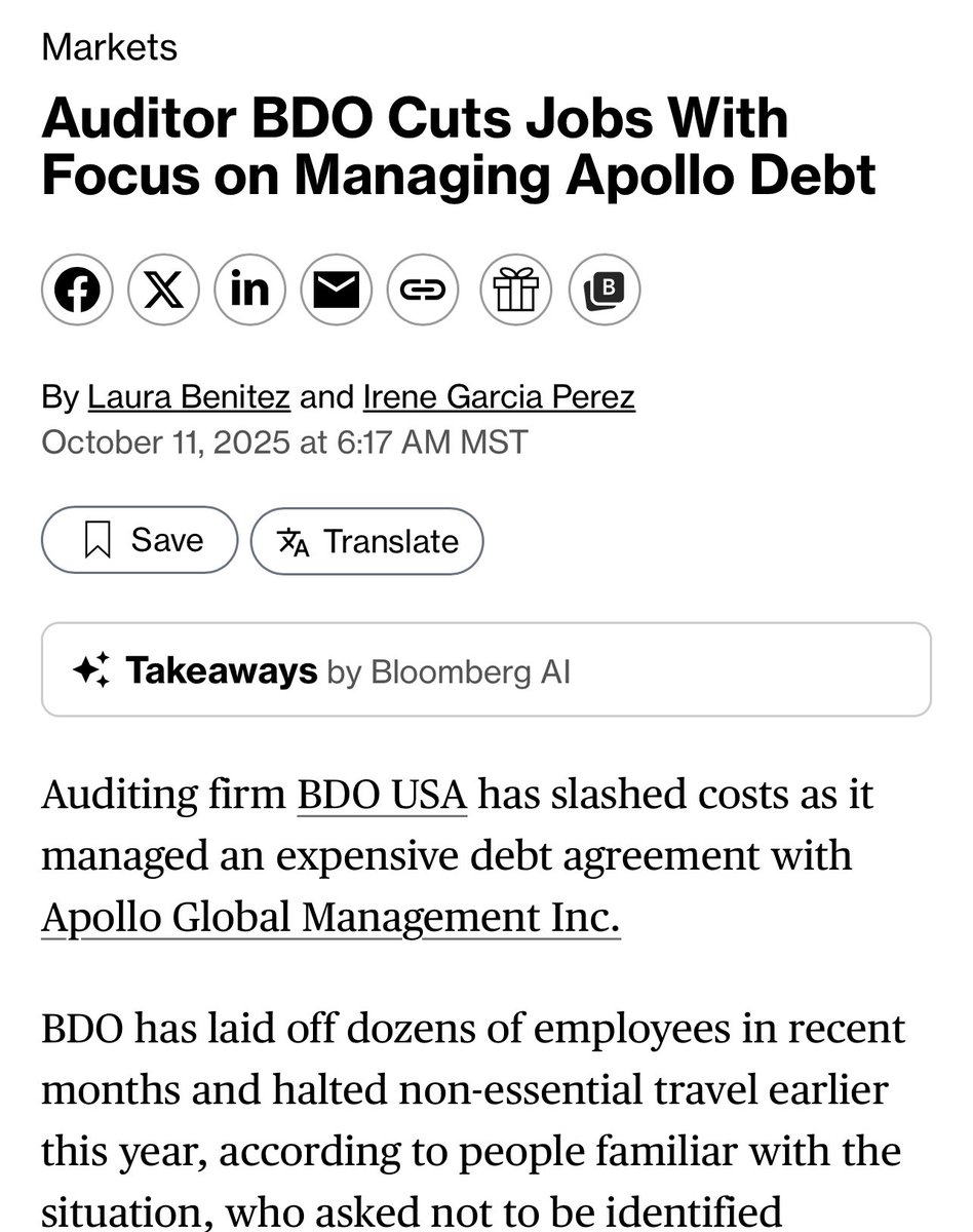junkbondinvest's tweet image. BDO borrowed $1.3B from Apollo at 9% to fund their ESOP
BDO gave First Brands clean audit in March
First Brands collapsed months later
Apollo (BDO’s lender) was shorting First Brands debt
BDO now laying off staff to manage Apollo debt payments
Nothing to see here, just…