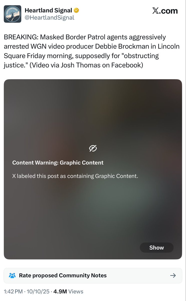 wideofthepost's tweet image. Twitter is now censoring the video of the illegal arrest of WGN producer Debbie Brockman by ICE yesterday, under a completely bogus “graphic content warning.”
