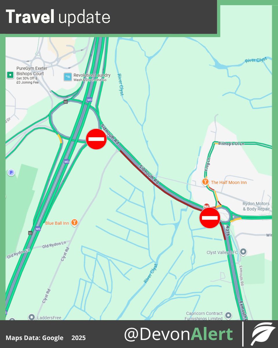 DevonAlert's tweet image. #Devon 11/10/25 19:55 Following a road traffic collision, the A376 between Clyst St Mary Roundabout and Sandygate Roundabout, Exeter is closed. Please use an alternative route. TD @BBCDevon @StagecoachSW